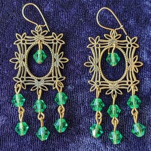 Solid 10K Gold Hooks, Victorian Style Chandelier Earrings With Faux Emeralds
